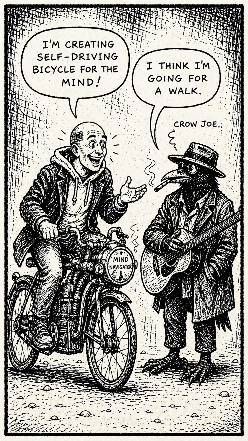 crow joe in the age of ai comic - the transhumanist, comically clueless techbro technocrat with business suit over hoodie and bald head with visible brainchip excitedly proclaims 'i''m creating a self-driving bicycle for the mind!' while sitting on an automated bicycle.  crow joe the blues playing crow is standing next to him and says 'i think i''m going for a walk.'  this is an inversion of the famous steve jobs quote.  the transhumanist wants the machine to think for him